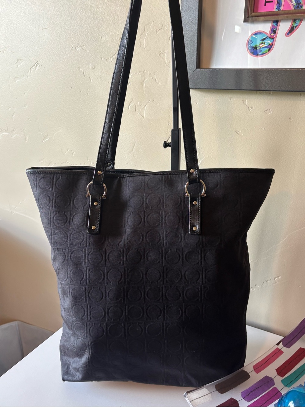 SALVATORE FERRAGAMO, black Canvas Gancini Italian tote bag AU-21/4909